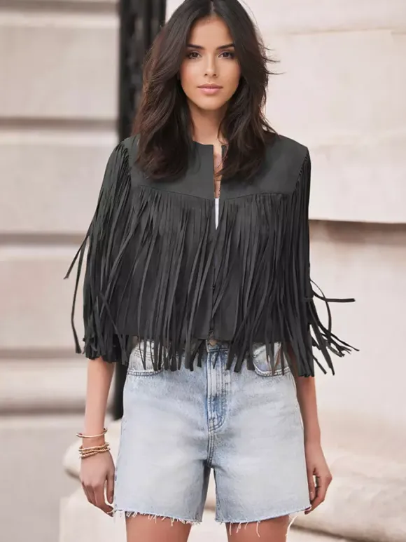 Western Cowgirl Fringe Vest Crew Neck Bohemian Spring Suede Jacket For Women 2026