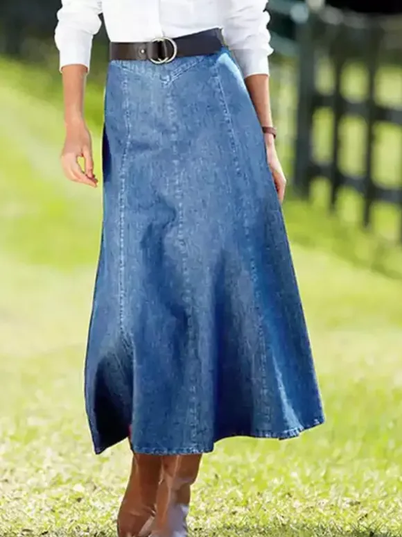 Western Denim Maxi Skirt For Women - Boho A-Line High Waisted Long Skirt - All Season Casual Wear 2026