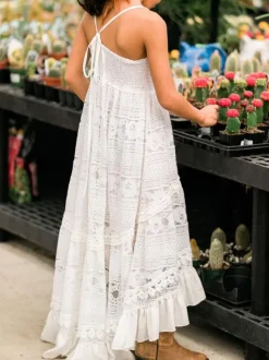 White Boho Lace Flower Girl Dress Stripes Neck Sleeveless Floor Length A-Line Kids Social Party Dresses