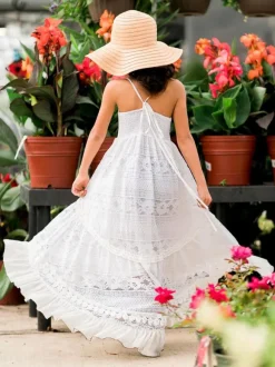 White Boho Lace Flower Girl Dress Stripes Neck Sleeveless Floor Length A-Line Kids Social Party Dresses