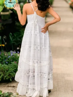 White Boho Lace Flower Girl Dress Stripes Neck Sleeveless Floor Length A-Line Kids Social Party Dresses