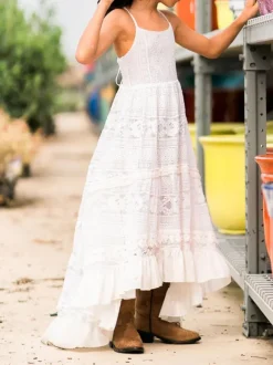 White Boho Lace Flower Girl Dress Stripes Neck Sleeveless Floor Length A-Line Kids Social Party Dresses