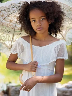 White Boho Lace Flower Girl Dress V-Neck Short Sleeves Floor-Length A-Line Applique Kids Social Party Dresses