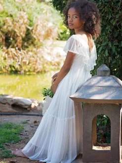 White Boho Lace Flower Girl Dress V-Neck Short Sleeves Floor-Length A-Line Applique Kids Social Party Dresses