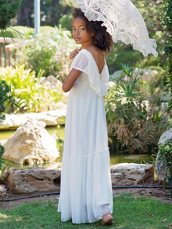 White Boho Lace Flower Girl Dress V-Neck Short Sleeves Floor-Length A-Line Applique Kids Social Party Dresses