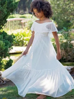 White Boho Lace Flower Girl Dress V-Neck Short Sleeves Floor-Length A-Line Applique Kids Social Party Dresses