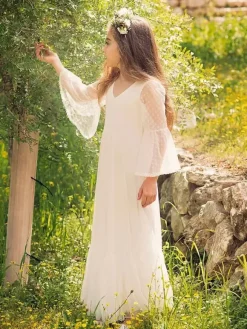 White Boho Lace Flower Girl Dress V-Neck Long Sleeves Floor-Length A-Line Kids Social Party Dresses