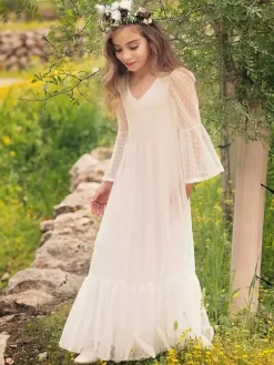 White Boho Lace Flower Girl Dress V-Neck Long Sleeves Floor-Length A-Line Kids Social Party Dresses