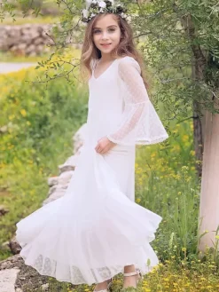 White Boho Lace Flower Girl Dress V-Neck Long Sleeves Floor-Length A-Line Kids Social Party Dresses