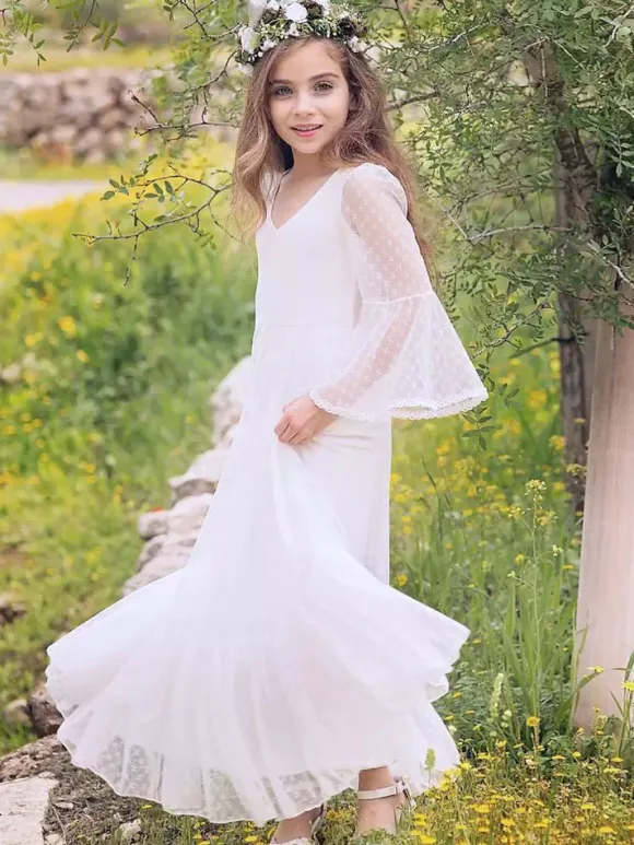 White Boho Lace Flower Girl Dress V-Neck Long Sleeves Floor-Length A-Line Kids Social Party Dresses
