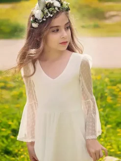White Boho Lace Flower Girl Dress V-Neck Long Sleeves Floor-Length A-Line Kids Social Party Dresses