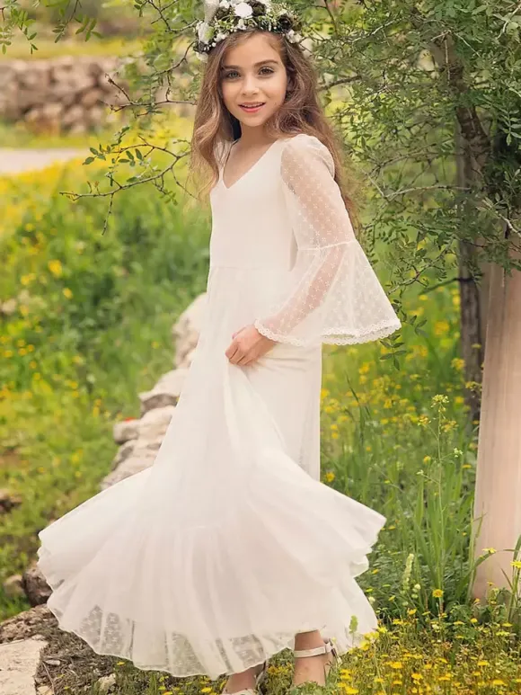 White Boho Lace Flower Girl Dress V-Neck Long Sleeves Floor-Length A-Line Kids Social Party Dresses