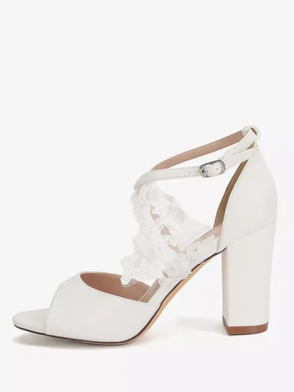 White Bridal Shoes Open Toe Lace Detail Chunky Heel Wedding Shoes