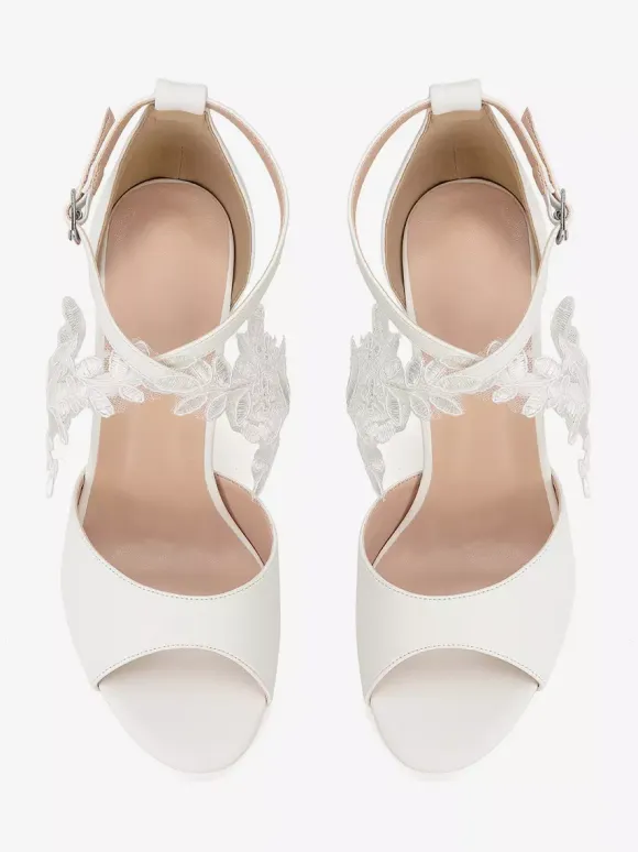 White Bridal Shoes Open Toe Lace Detail Chunky Heel Wedding Shoes