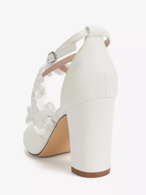 White Bridal Shoes Open Toe Lace Detail Chunky Heel Wedding Shoes