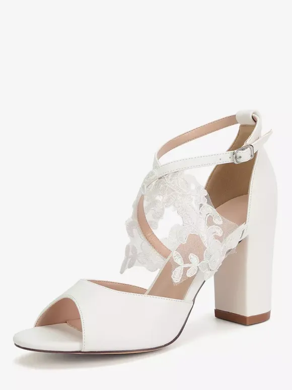White Bridal Shoes Open Toe Lace Detail Chunky Heel Wedding Shoes
