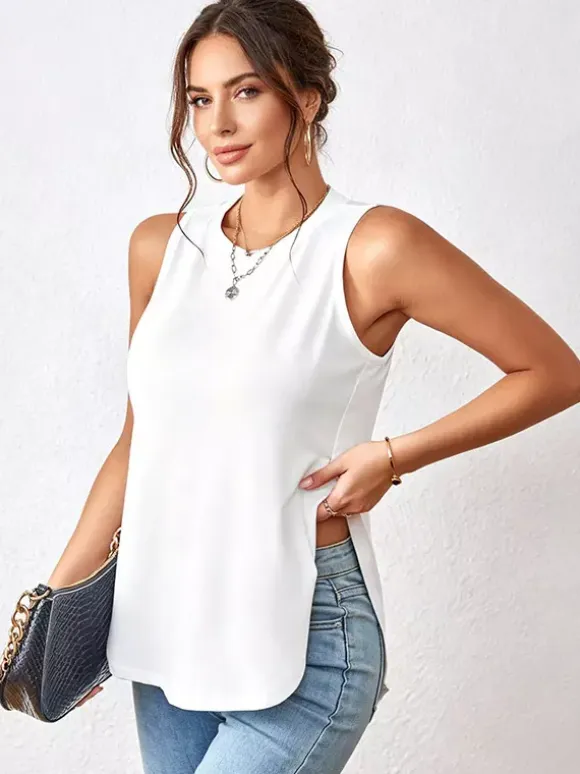 White Cami Top Jewel Neck Split Front Casual Women Camis