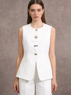 White Cami Top Jewel Neck Buttons Chic Camis For Women