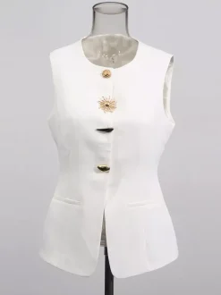White Cami Top Jewel Neck Buttons Chic Camis For Women