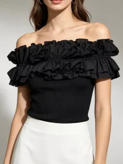 White Cami Top Off-The-Shoulder Pleated Ruffles Chic Camis For Women