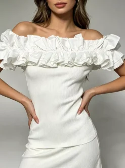 White Cami Top Off-The-Shoulder Pleated Ruffles Chic Camis For Women