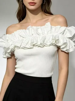 White Cami Top Off-The-Shoulder Pleated Ruffles Chic Camis For Women