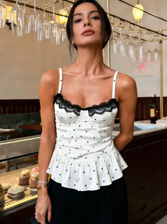 White Cami Top Straps Neck Polka Dot Casual Sleeveless Women Summer Camis