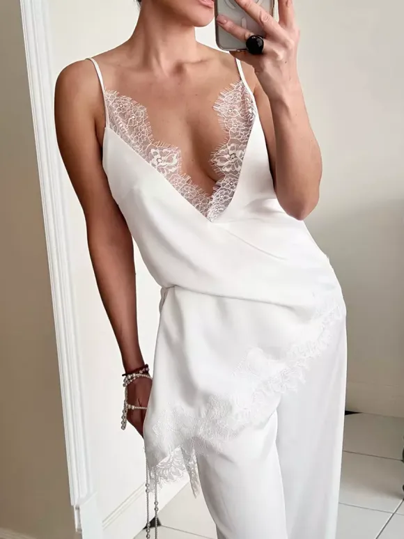 White Cami Top Straps Neck Strappy Lace Adjustable Straps Chic Women Camis