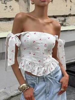 White Cami Top U-Neck Ruffles Strappy Cotton Ruffled Sexy Women Camis