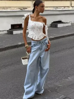 White Cami Top U-Neck Ruffles Strappy Cotton Ruffled Sexy Women Camis