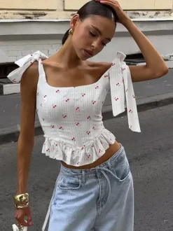 White Cami Top U-Neck Ruffles Strappy Cotton Ruffled Sexy Women Camis
