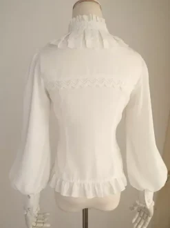 White Chiffon Lolita Blouse Long Gigot Sleeves Ruffles Stand Collar