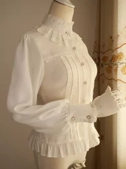 White Chiffon Lolita Blouse Long Gigot Sleeves Ruffles Stand Collar