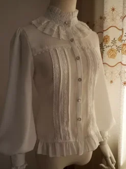 White Chiffon Lolita Blouse Long Gigot Sleeves Ruffles Stand Collar