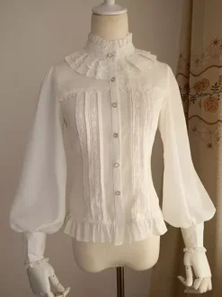 White Chiffon Lolita Blouse Long Gigot Sleeves Ruffles Stand Collar