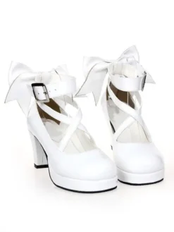 White Chunky High Heels Lolita Shoes Ankle Strap Bow Decor