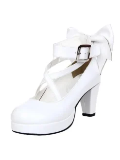 White Chunky High Heels Lolita Shoes Ankle Strap Bow Decor
