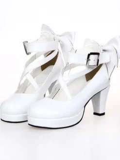 White Chunky High Heels Lolita Shoes Ankle Strap Bow Decor