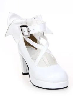 White Chunky High Heels Lolita Shoes Ankle Strap Bow Decor