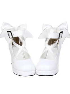 White Chunky High Heels Lolita Shoes Ankle Strap Bow Decor