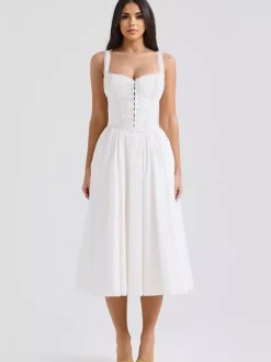 White Corset Dress Cutout Wide Strap Lace Trim Backless Cottagecore Midi Dresses