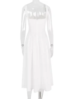 White Corset Dress Cutout Wide Strap Lace Trim Backless Cottagecore Midi Dresses