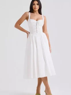 White Corset Dress Cutout Wide Strap Lace Trim Backless Cottagecore Midi Dresses
