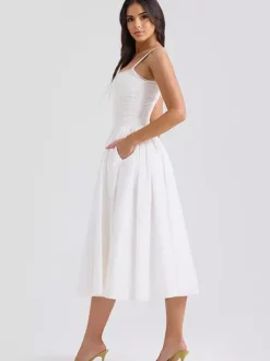 White Corset Dress Cutout Wide Strap Lace Trim Backless Cottagecore Midi Dresses