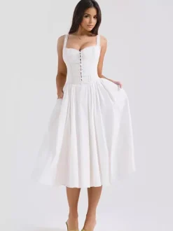 White Corset Dress Cutout Wide Strap Lace Trim Backless Cottagecore Midi Dresses