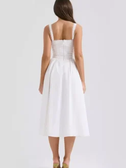 White Corset Dress Cutout Wide Strap Lace Trim Backless Cottagecore Midi Dresses