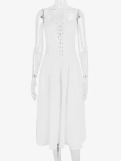 White Corset Dress Cutout Wide Strap Lace Trim Backless Cottagecore Midi Dresses