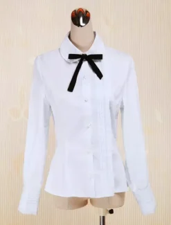 White Cotton Lolita Blouse Long Sleeves Turn-down Collar Bow