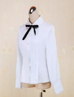 White Cotton Lolita Blouse Long Sleeves Turn-down Collar Bow