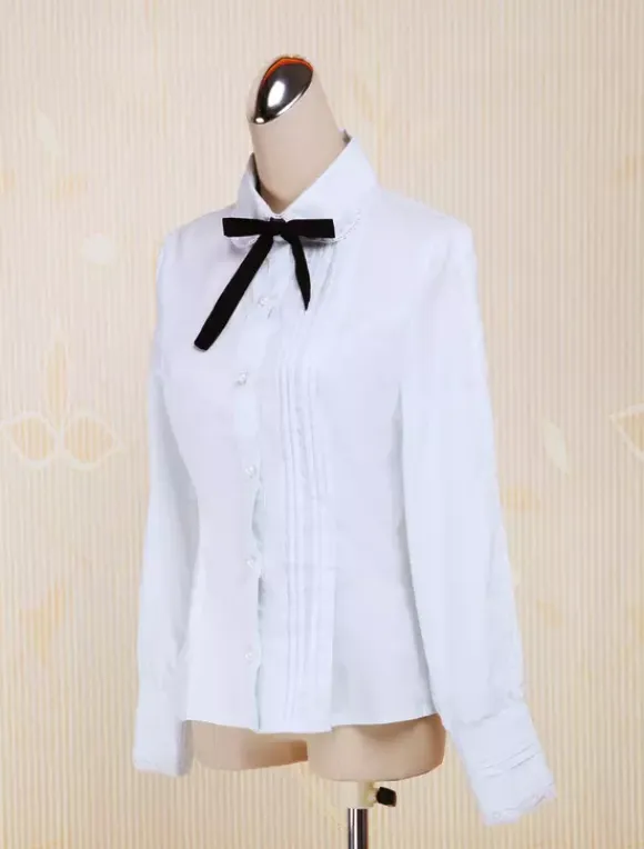 White Cotton Lolita Blouse Long Sleeves Turn-down Collar Bow